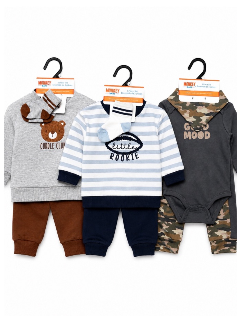 NEW - 3 Outfit Monkey Bars Baby Boy 3 Set Bundle Size Football Bear Camo 3–6M